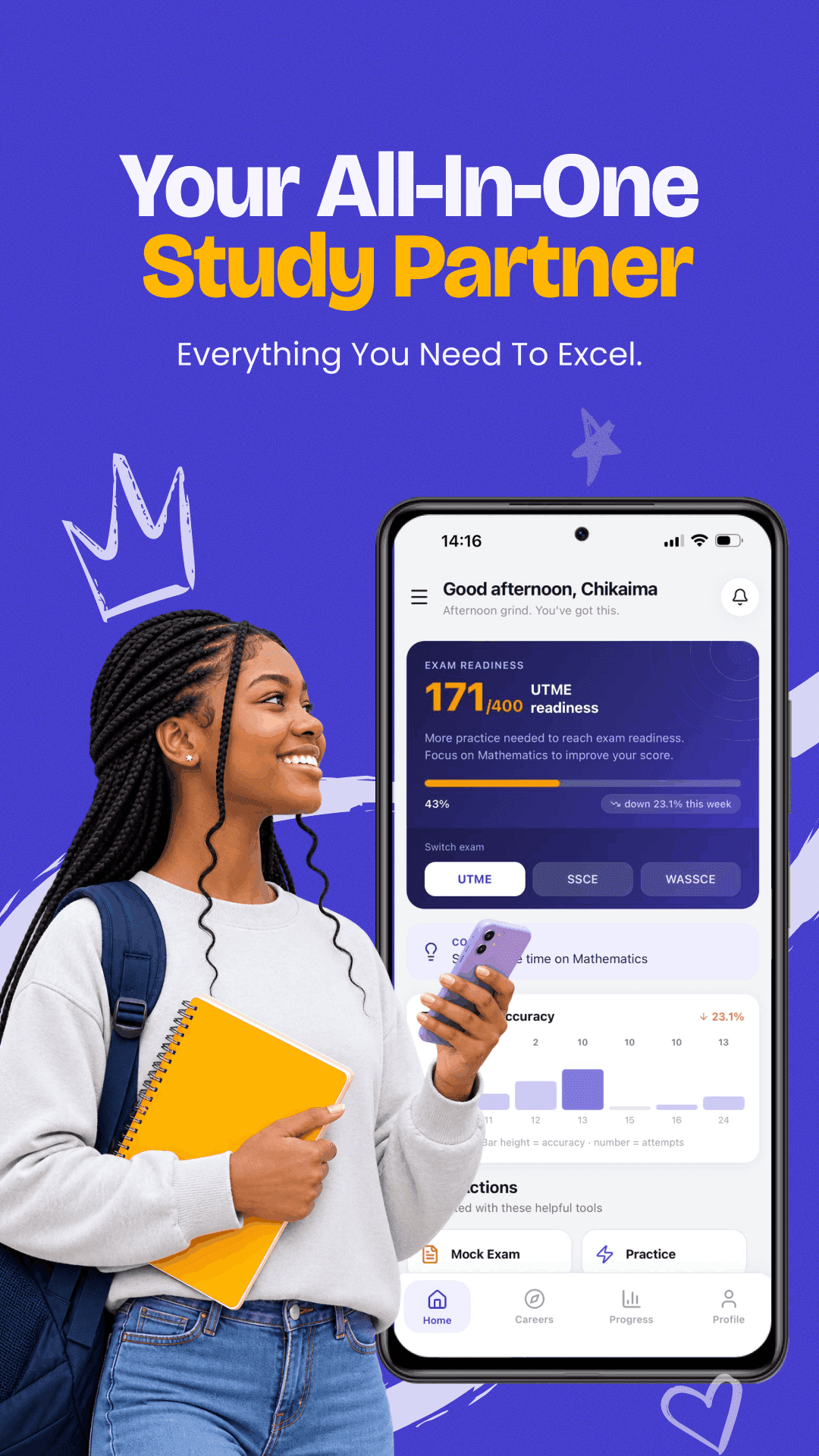 SuperPrep flyer reading “Your All-In-One Study Partner”: a smiling student holding a phone, beside the app’s home screen with her exam readiness